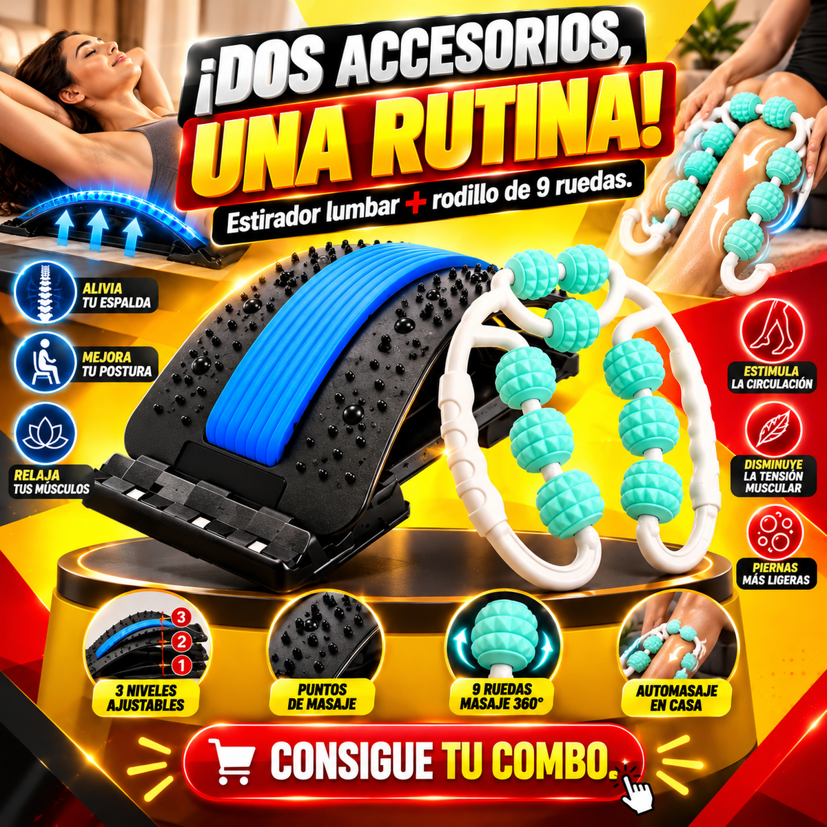 Combo Estirador Lumbar + Rodillo 9 Rueda