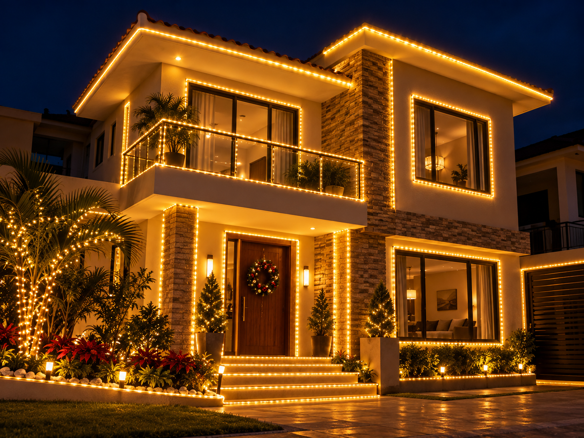 Manguera de luz LED encendida en blanco cálido